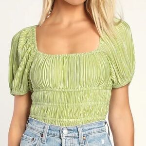 Lulus Green Pleated Puff-Sleeve Bodysuit Size XL EUC